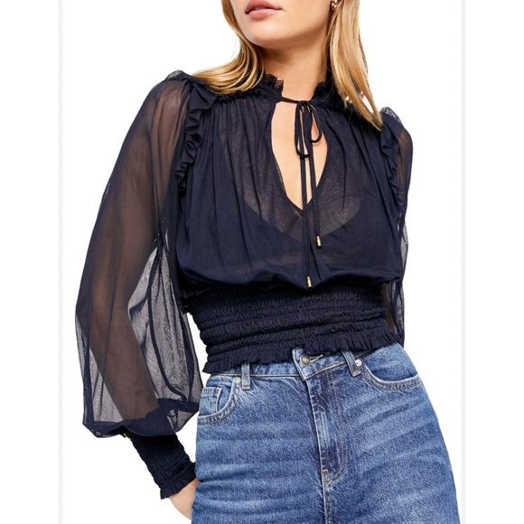 FREE PEOPLE Twyla Cropped Top Indigo Lost Navy Sheer Ruffle Ruched Small - Picture 1 of 9